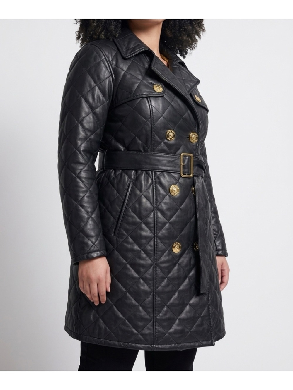 Baby Phat Black Quilted Belted Trench Coat with Gold Buttons
